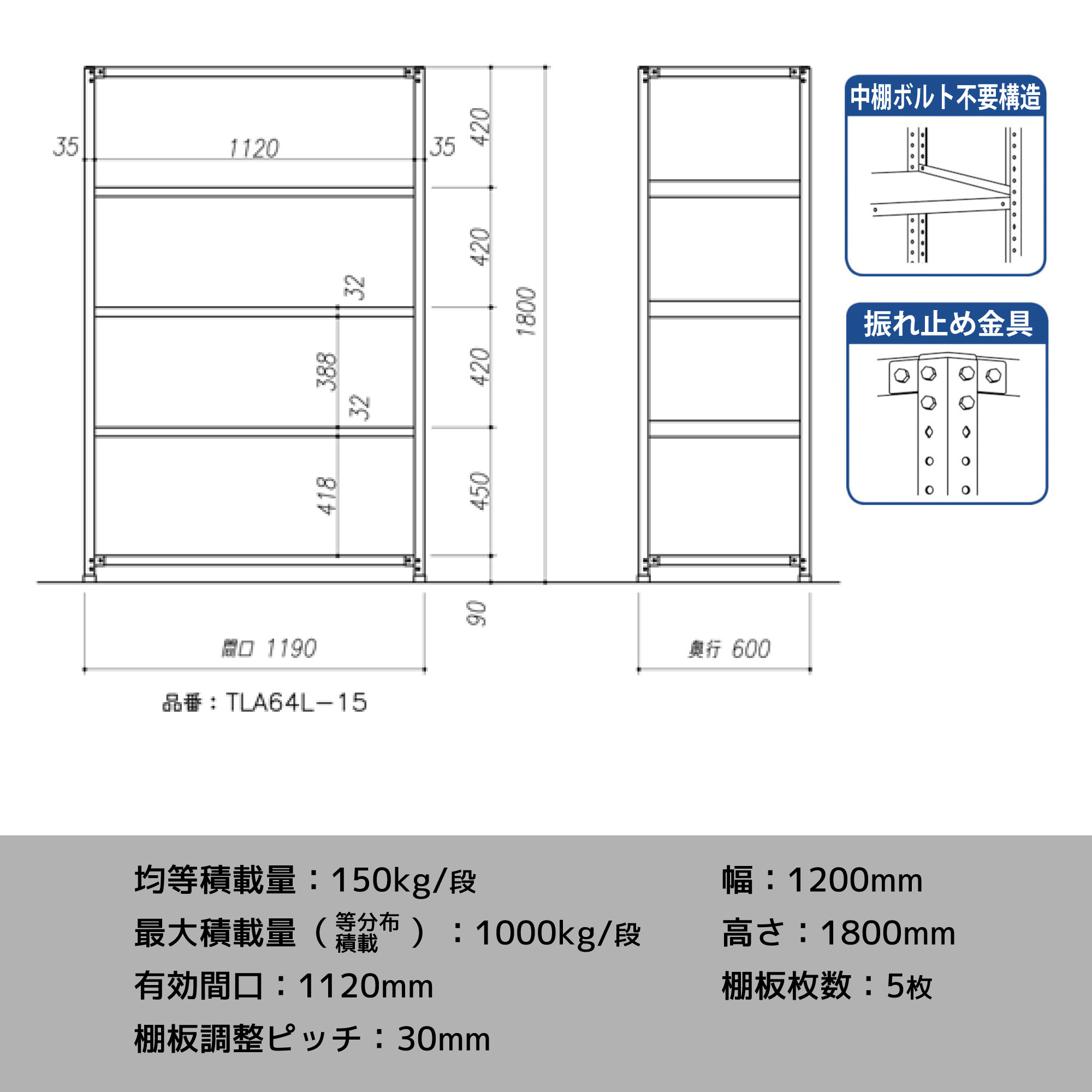軽量150型中棚ﾎﾞﾙﾄﾚｽ棚(5段)【ﾒｰｶｰ直送品 WEB カーフレンド